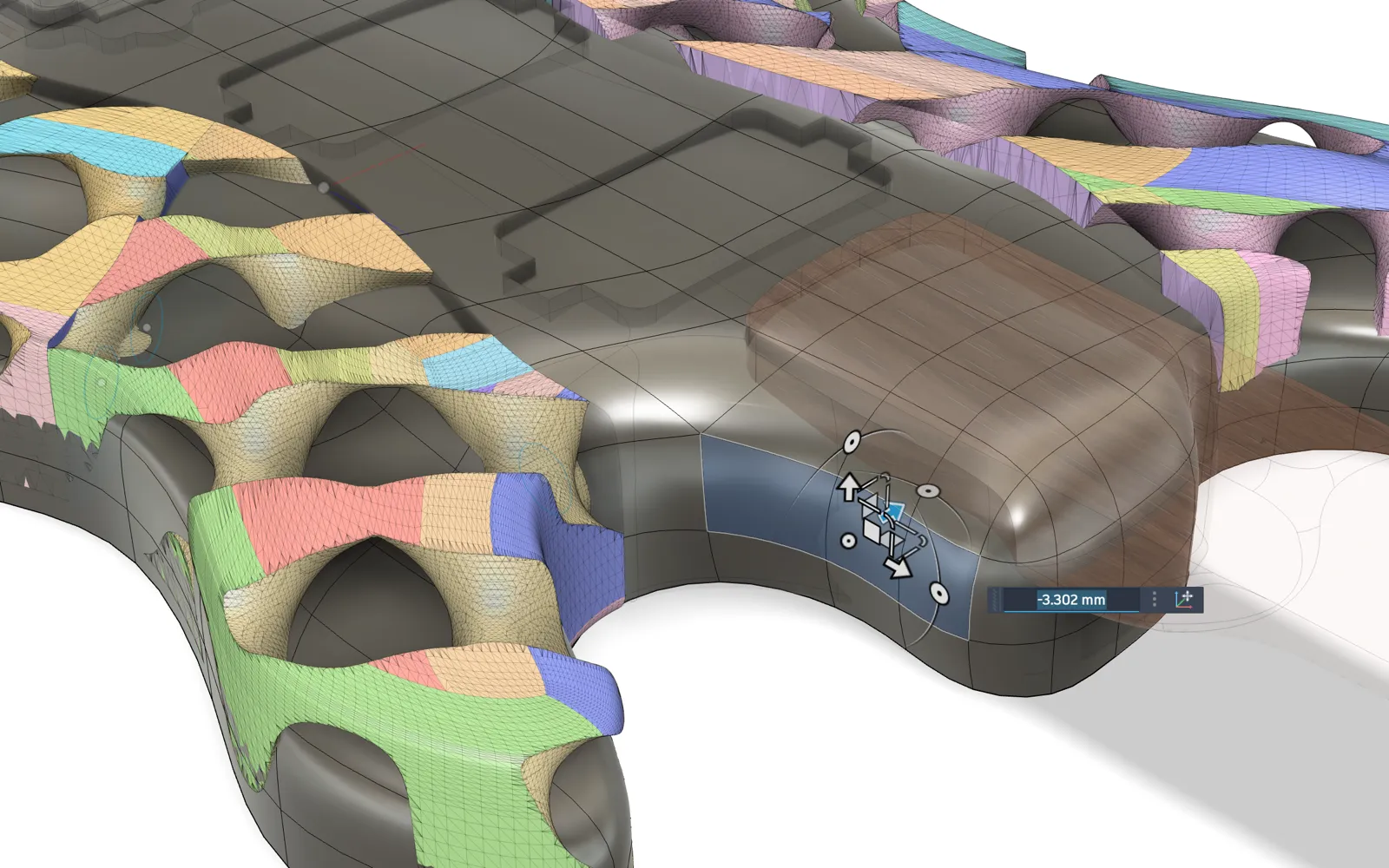 CAD model — Autodesk Fusion. CAD view of the complete body with T-Spline surfaces, pickup cavities, wiring channel and modeled tongue-and-groove joints